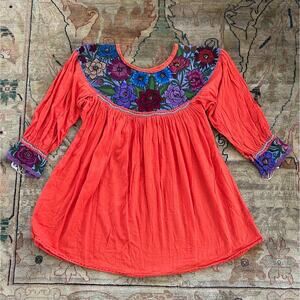 70s Mexican Embroidered Tunic Blouse Red Boho Womens XS/S Vintage